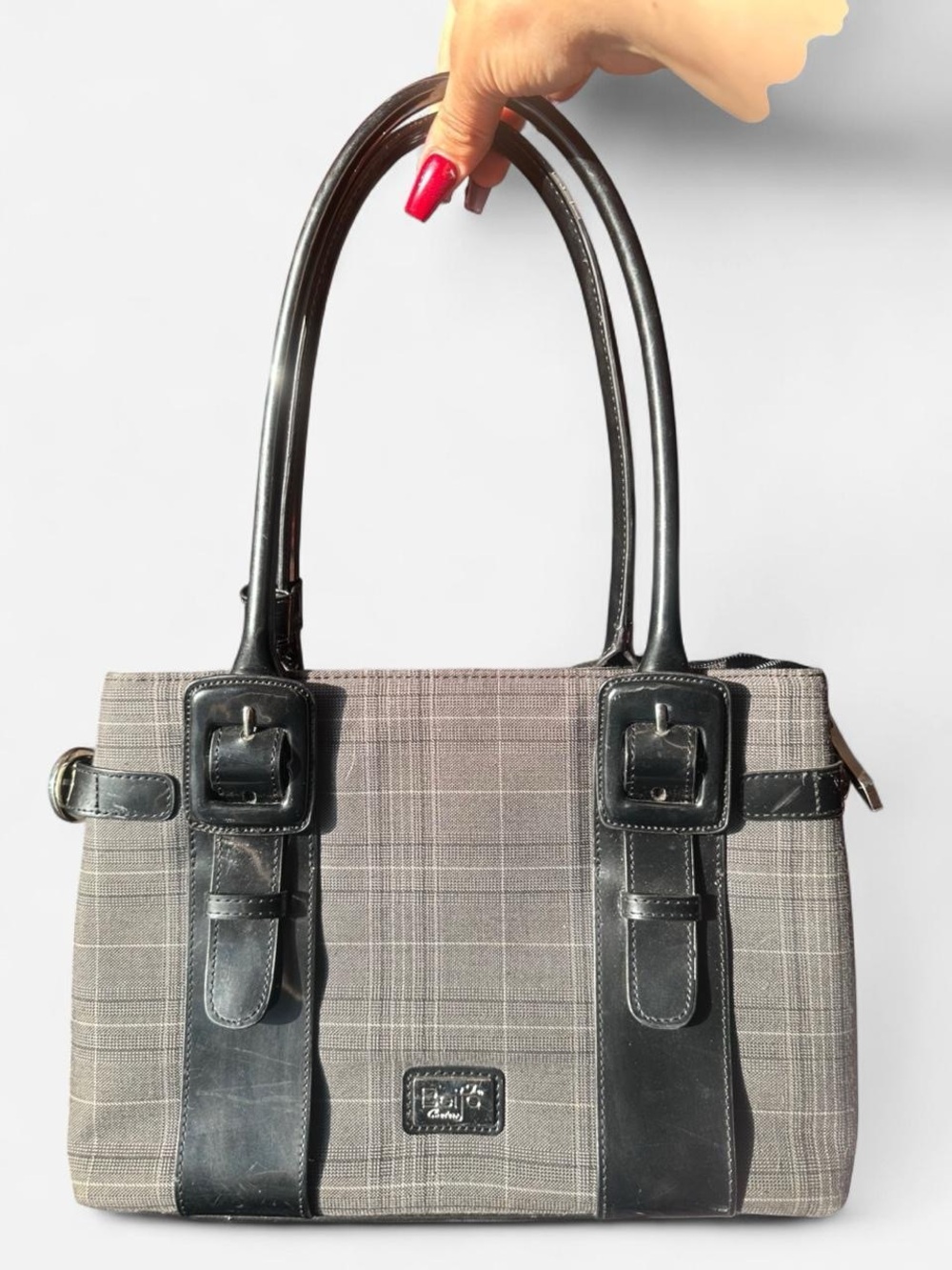 Beijo Black and Gray Plaid Shoulder Tote - Picture 1 of 6